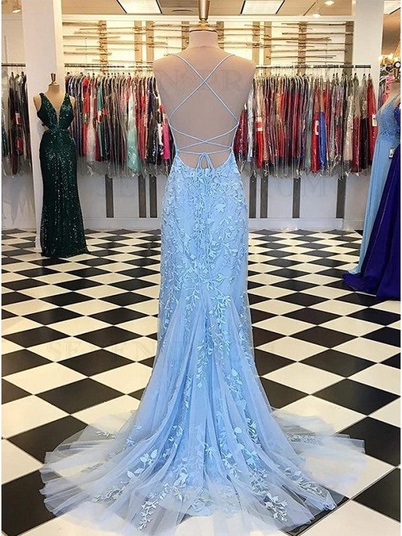 Mermaid Long Lace Light Blue Prom Dresses Spaghetti Straps MyChicDress