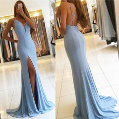 Mermaid Long Sleeveless Evening Gowns Spaghettis Straps Blue Prom Dresses - MyChicDress