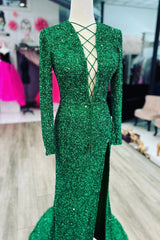 Mermaid Long Sleeves Sequins Green Prom Evening Dresses Lace-Up Neck with Slit MyChicDress