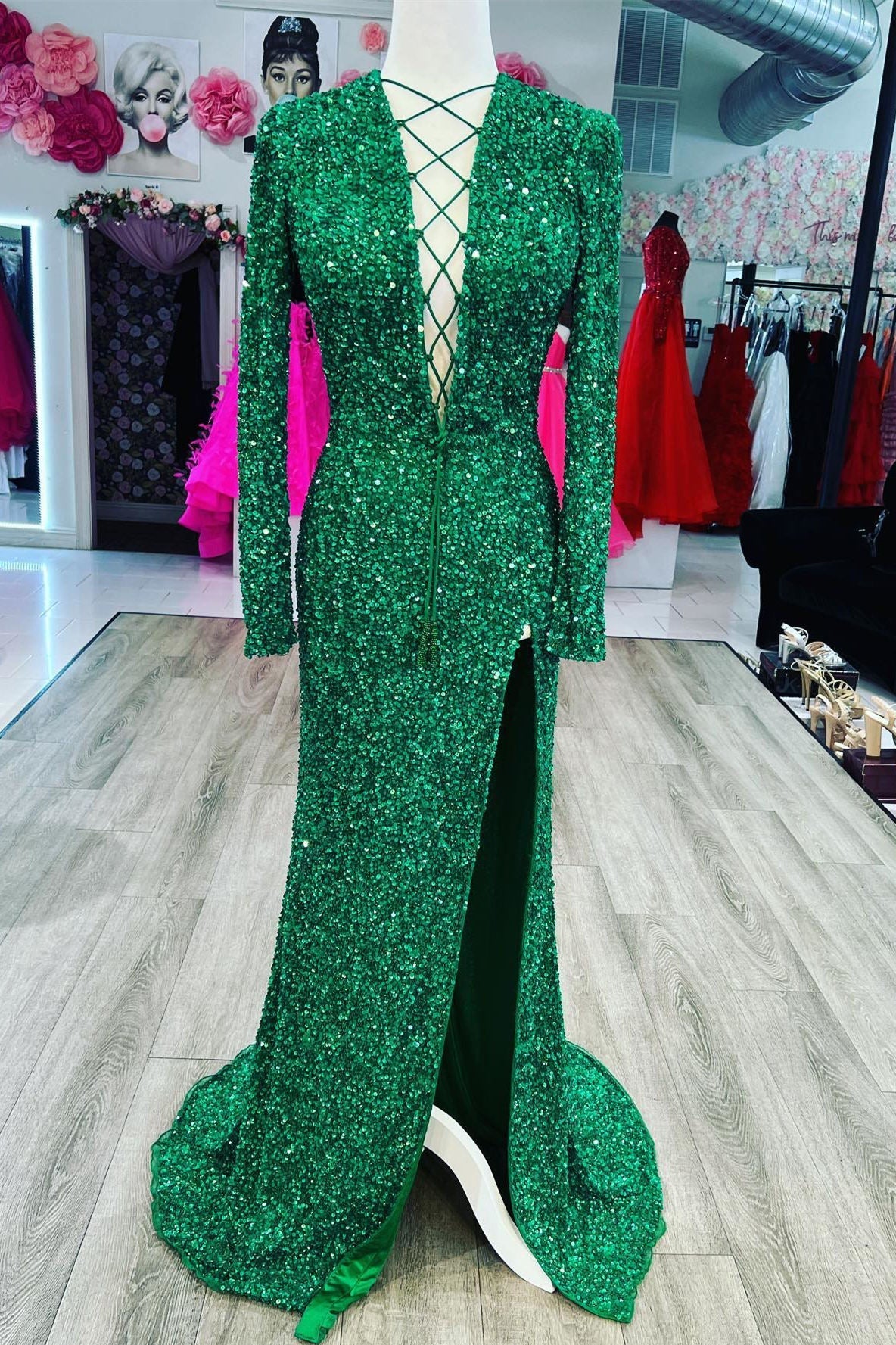 Mermaid Long Sleeves Sequins Green Prom Evening Dresses Lace-Up Neck with Slit MyChicDress