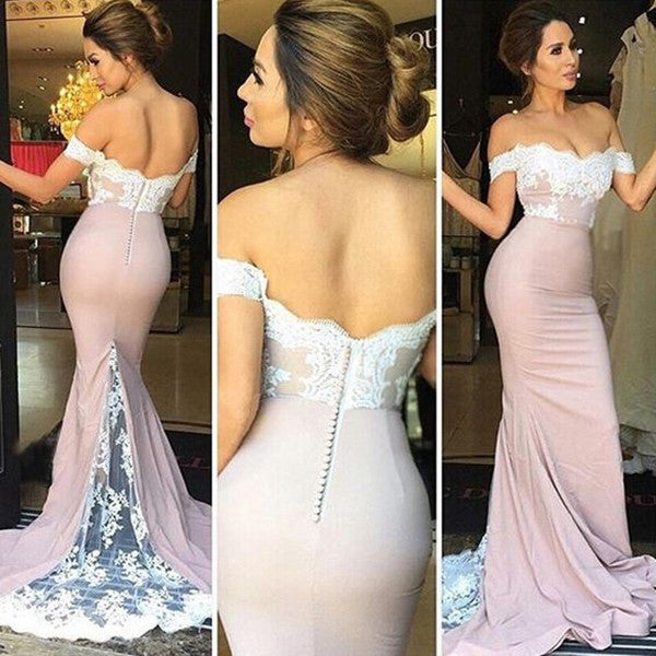 Mermaid Off-the-Shoulder Blushing Pink Lace Prom Dresses - MyChicDress