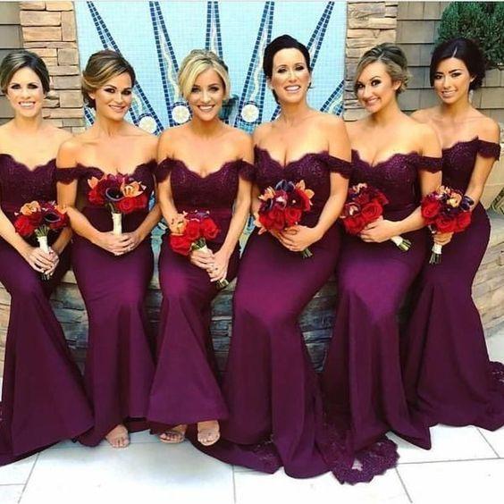 Mermaid Off the Shoulder Burgundy Lace Bridesmaid Dresses - MyChicDress