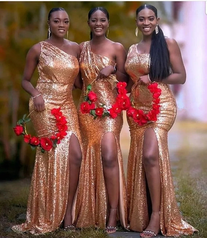 Mermaid One Shoulder Gold Sequin Bridesmaid Dresses with Split MyChicDress