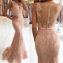 Mermaid Pink Prom Dresses Lace Sexy Long Evening Gowns - MyChicDress