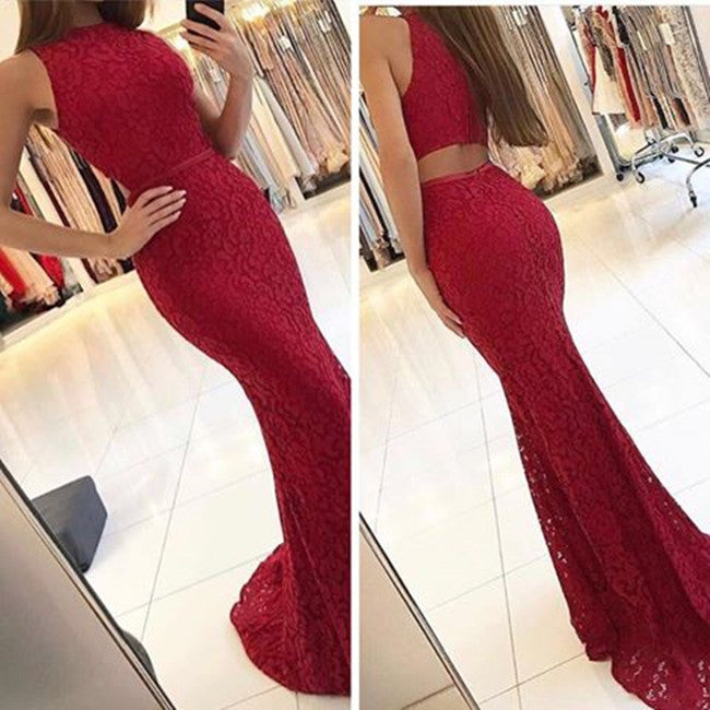 Mermaid Red Lace Prom Dresses Sleeveless Sweep-Train Dress - MyChicDress