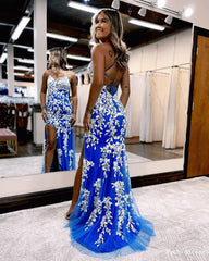 Mermaid Royal Blue Prom Dresses 2025 White Lace Applique with Spaghetti Straps MyChicDress