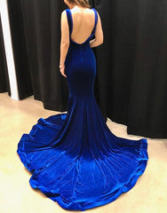 Mermaid Royal Blue Velvet Prom Dresses with Split Open Back MyChicDress