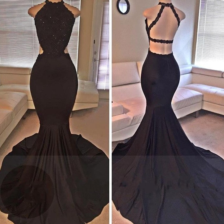 Mermaid Sleeveless Black Backless Lace Prom Dresses - MyChicDress