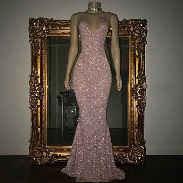 Mermaid Sleeveless Long Rose Pink Sequin Prom Dresses - MyChicDress