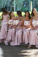 Mermaid Strapless Blush Pink Satin Bridesmaid Dresses Long Party Dresses MyChicDress