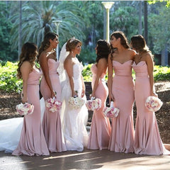 Mermaid Strapless Blush Pink Satin Bridesmaid Dresses Long Party Dresses MyChicDress