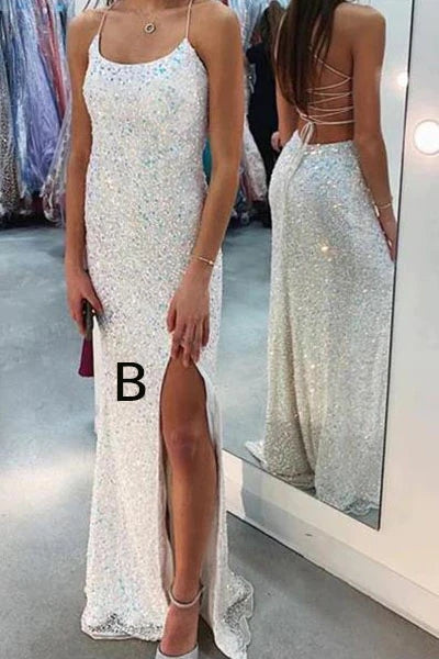 Mermaid White Iridescent Prom Dress 2025 Sequin Sparkly Evening Gown Backless MyChicDress