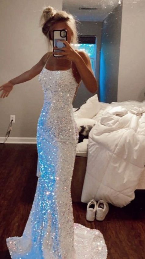 Mermaid White Iridescent Prom Dress 2025 Sequin Sparkly Evening Gown Backless MyChicDress