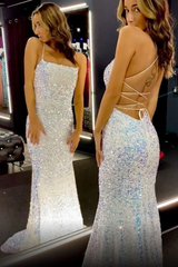 Mermaid White Iridescent Prom Dress 2025 Sequin Sparkly Evening Gown Backless MyChicDress