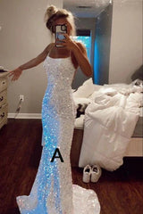 Mermaid White Iridescent Prom Dress 2025 Sequin Sparkly Evening Gown Backless MyChicDress