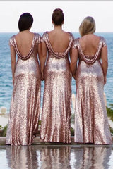 Metallic Rose Gold Bridesmaid Dress Sequin Wedding Guest Dresses with Sleeves MyChicDress