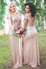 Metallic Rose Gold Bridesmaid Dress Sequin Wedding Guest Dresses with Sleeves MyChicDress