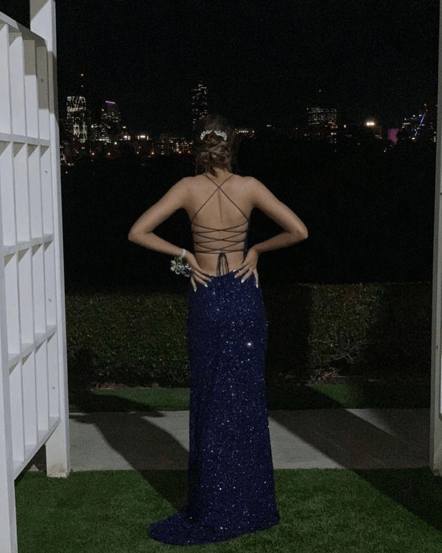 Navy Blue Sequin Prom Dresses Mermaid Long Formal Party Dresses Cross Back MyChicDress