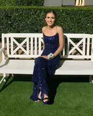 Navy Blue Sequin Prom Dresses Mermaid Long Formal Party Dresses Cross Back MyChicDress