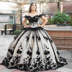 New 3D Flowers Lace Quicneanera Dress Black 2025 Sweet 16 Party Dress MyChicDress