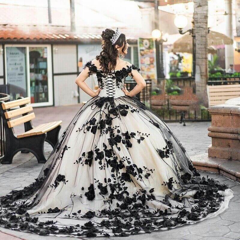 New 3D Flowers Lace Quicneanera Dress Black 2025 Sweet 16 Party Dress MyChicDress