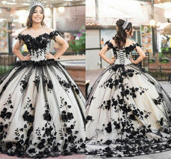 New 3D Flowers Lace Quicneanera Dress Black 2024 Sweet 16 Party Dress
