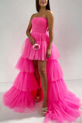 New Design High Low Tulle tiered Fuchsia Prom Dresses 2024 Strapless with Ruffles