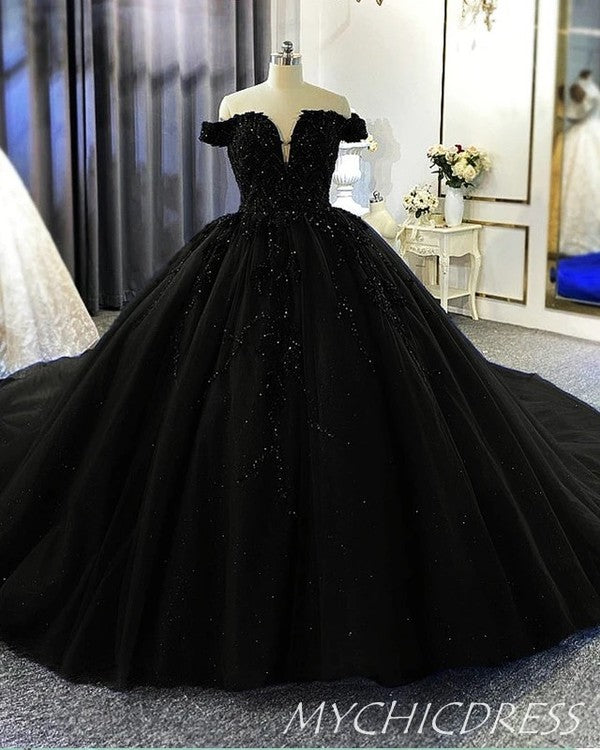 Off Shoulder Black Wedding Dresses Beaded Ball Gown Gothic Wedding Dress MyChicDress