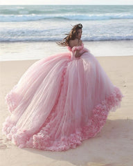 Off Shoulder Flowers Tulle Ball Gown Pink Quinceanera Dresses MyChicDress