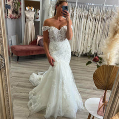 Off Shoulder Lace Wedding Dresses Mermaid Tulle Bridal Gowns Appliques Sweep Train MyChicDress