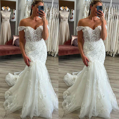 Off Shoulder Lace Wedding Dresses Mermaid Tulle Bridal Gowns Appliques Sweep Train MyChicDress