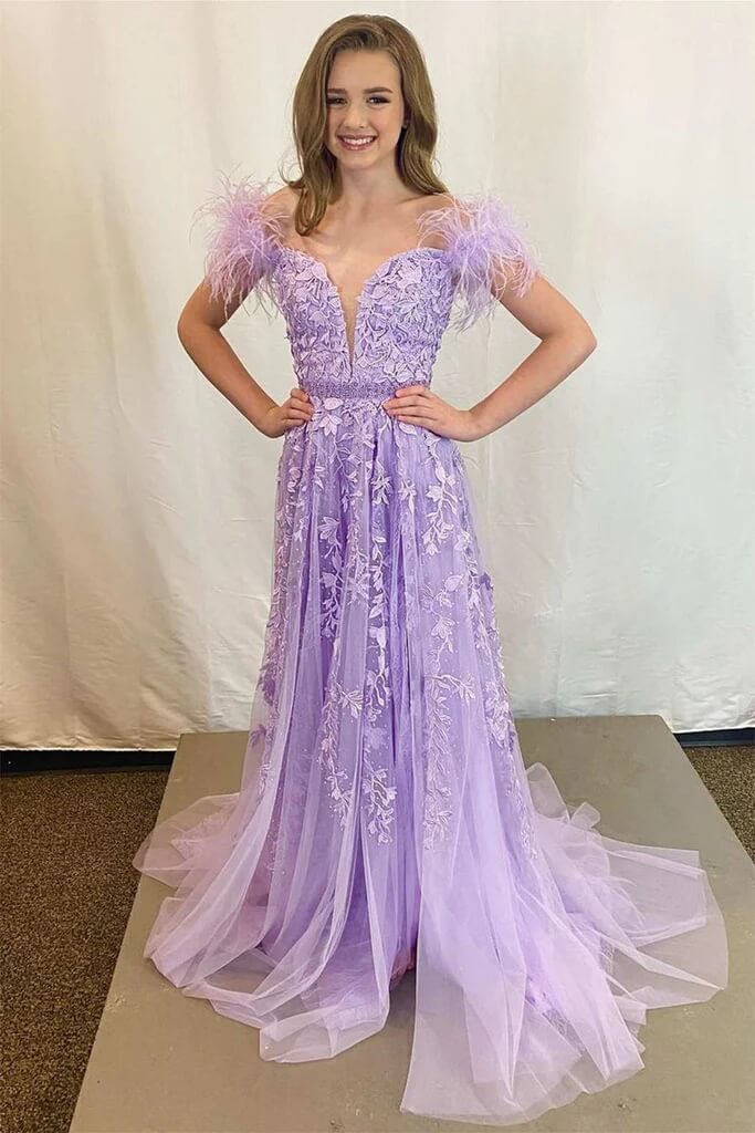 Off Shoulder Purple Lace Prom Dresses Long V Neck Formal Dress with Feathers MyChicDress