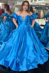 Off Shoulder Satin Plus Size Prom Dresses Royal Blue Formal Dress with Bubble Sleeves MyChicDress