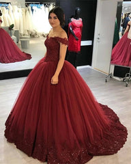 Off Shoulder Tulle V-neck Lace Burgundy Wedding Dresses Ball Gowns MyChicDress