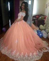 Off The Shoulder Lace Pink Quinceanera Dresses Ball Gown Sweet 16 Dress MyChicDress