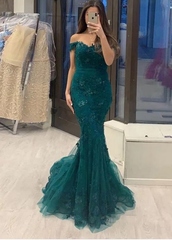 Off The Shoulder Prom Dresses 2024 Green Mermaid Lace Evening Dress Detachable Train MyChicDress