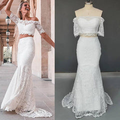 Off the Shoulder 2 Piece Beach Lace Wedding Dress Summer Bridal Dress Short Sleeves MyChicDress