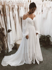 Off the Shoulder Chiffon Beach Puff Sleeve Wedding Dresses MyChicDress