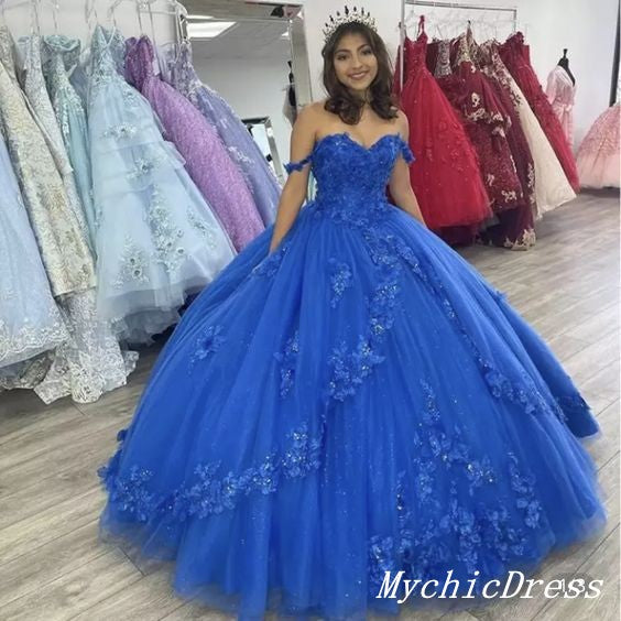 Off the Shoulder Flowers Beaded Royal Blue Ball Gown Quinceanera Dresses MyChicDress