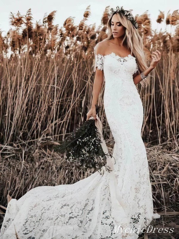 Off the Shoulder Lace Beach Boho Wedding Dresses Mermaid Bridal Wears MyChicDress