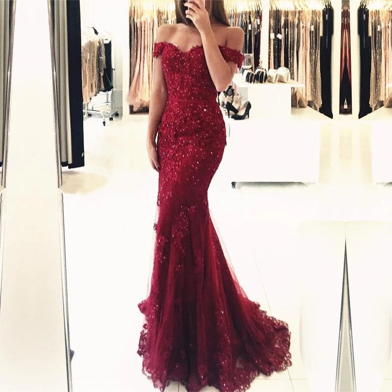 Off the Shoulder Lace Mermaid Burgundy Prom Dresses MyChicDress