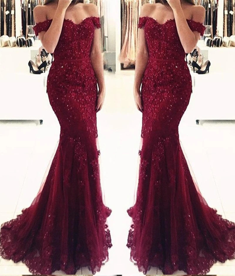 Off the Shoulder Lace Mermaid Burgundy Prom Dresses MyChicDress