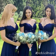 Off the Shoulder Lace Navy Blue Bridesmaid Dresses Sequins Wedding Guest Dress MyChicDress