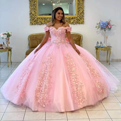 Off the Shoulder Lace Pink Quinceanera Dresses Applique Beaded Ball Gowns MyChicDress