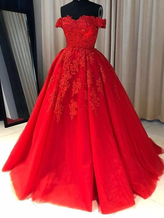 Off the Shoulder Lace Red Prom Dresses A Line Sequin Evening Gowns MyChicDress