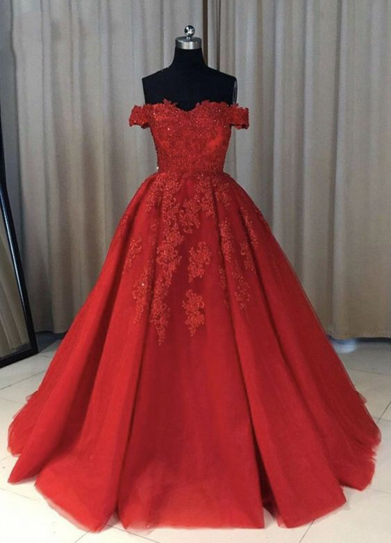 Off the Shoulder Lace Red Prom Dresses A Line Sequin Evening Gowns MyChicDress