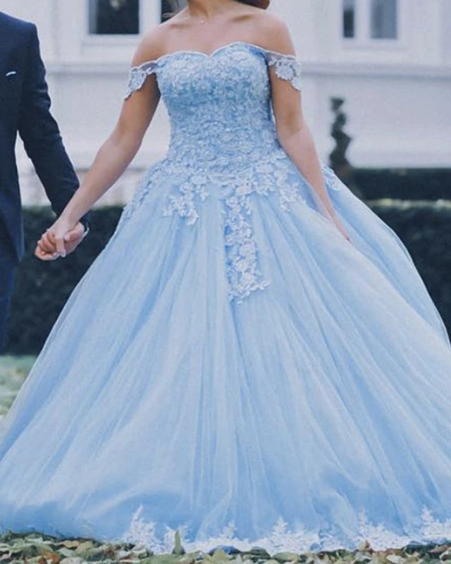 Off the Shoulder Light Blue Lace Ball Gown Quinceanera Dresses MyChicDress