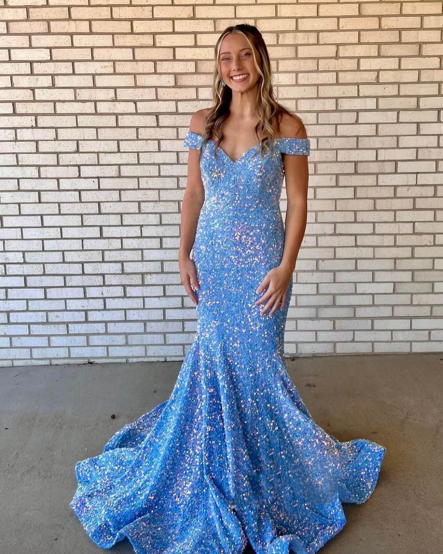 Off the Shoulder Light Blue Prom Dresses Sequin Mermaid Long Formal Dress MyChicDress