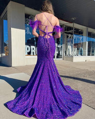 Off the Shoulder Long Iridescent Sequins Purple Prom Dresses with Feather MyChicDress