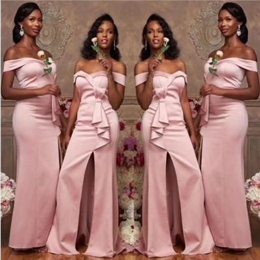 Off the Shoulder Pink Satin Bridesmaid Dresses Long Wedding Guest Dress MyChicDress